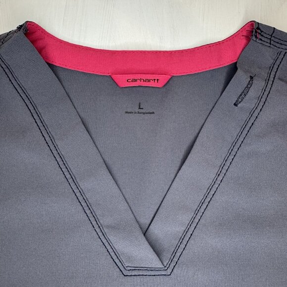 Carhartt Force Scrub Shirt Top Women's Large Multi Pocket V-Neck Gray With Pink - Picture 1 of 8